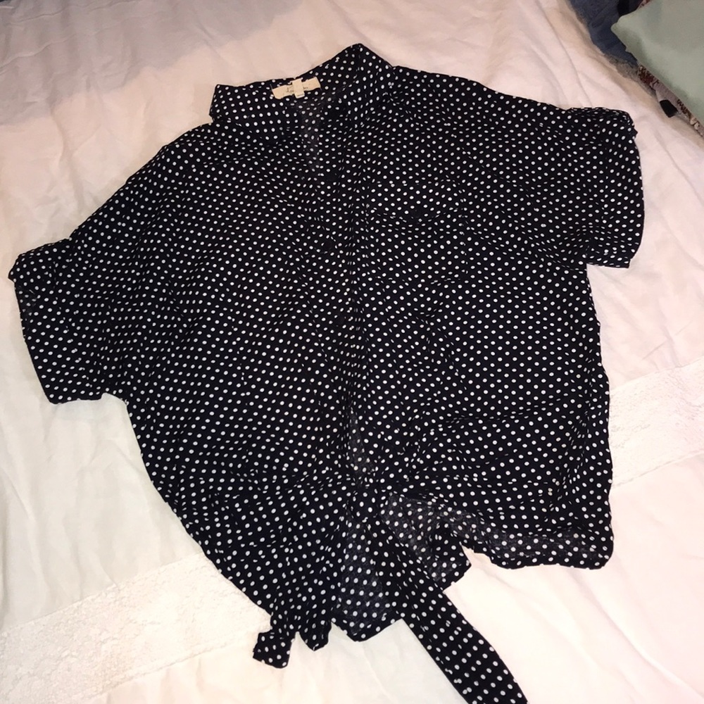 navy polka dot front tie button down